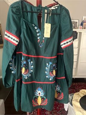 NWT Anthropologie Let Me Be Green Embroidered Boho Tiered Tunic Mini Dress Sz M